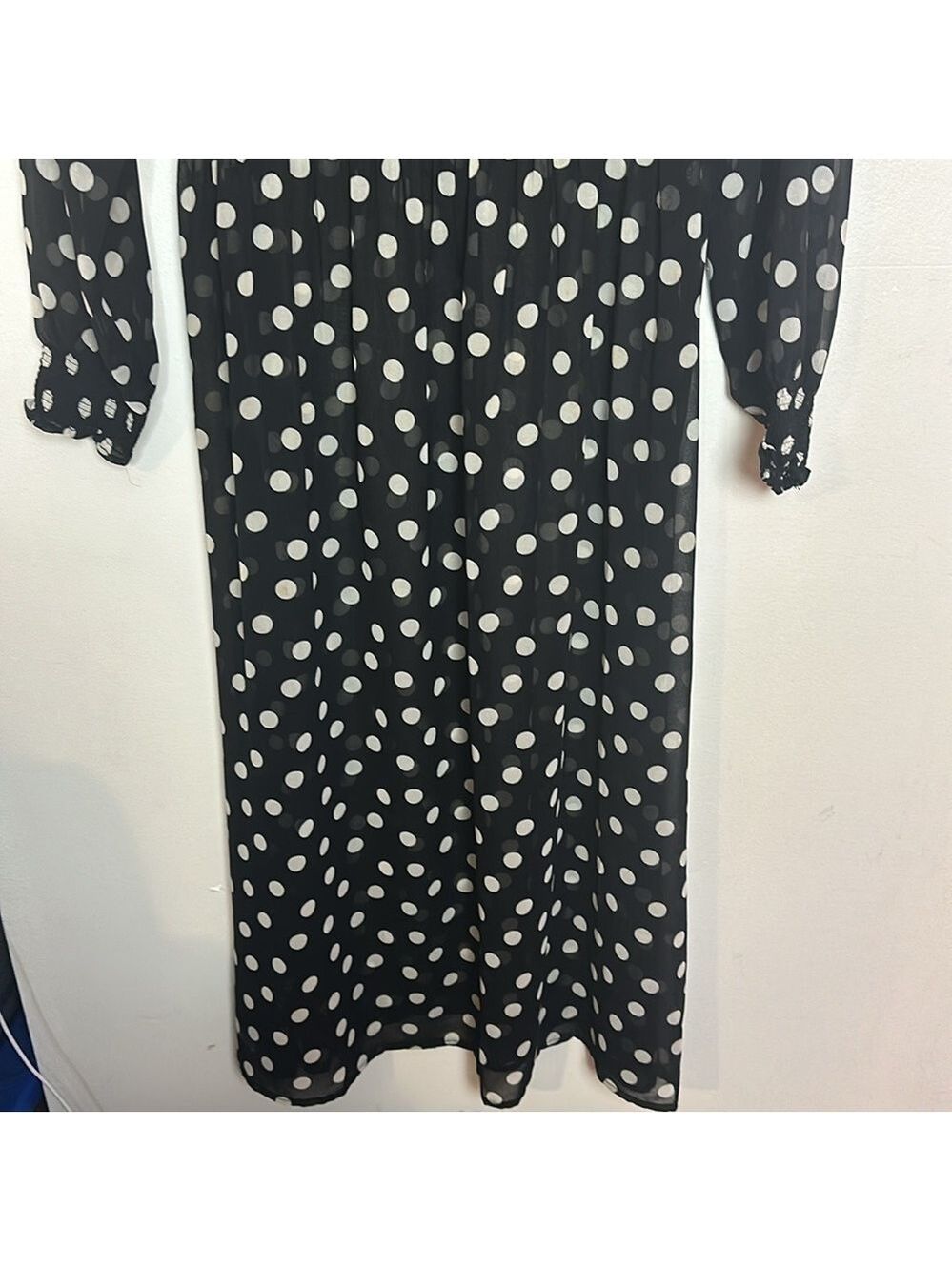 Olivaceous Polka Dot Smocked Waist Sheer Dress with Black Under Slip - Picture 12 of 14